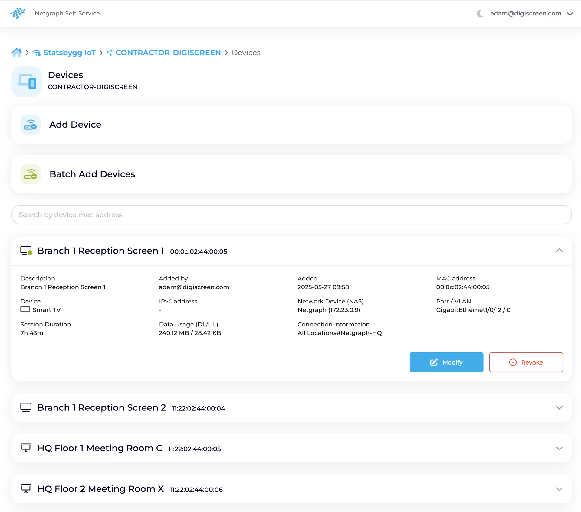 Self-Service portal Devices view for an Endpoint Identity Group, with Add Device and Batch Add Devices cards at the top, a search box, and an accordion list of endpoints with the first row expanded showing description, added-by, added-date, MAC address, device type, IPv4 address, Network Device (NAS), port / VLAN, session duration, data usage and connection information, plus Modify and Revoke buttons