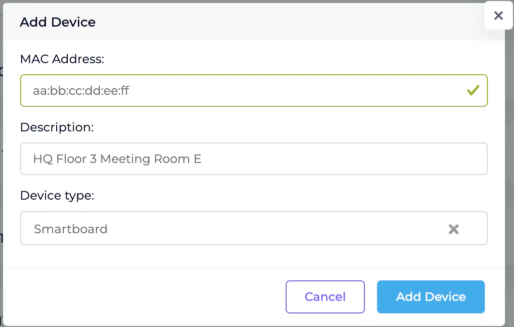 Add Device dialog with MAC Address, Description and Device type fields, and Cancel and Add Device buttons