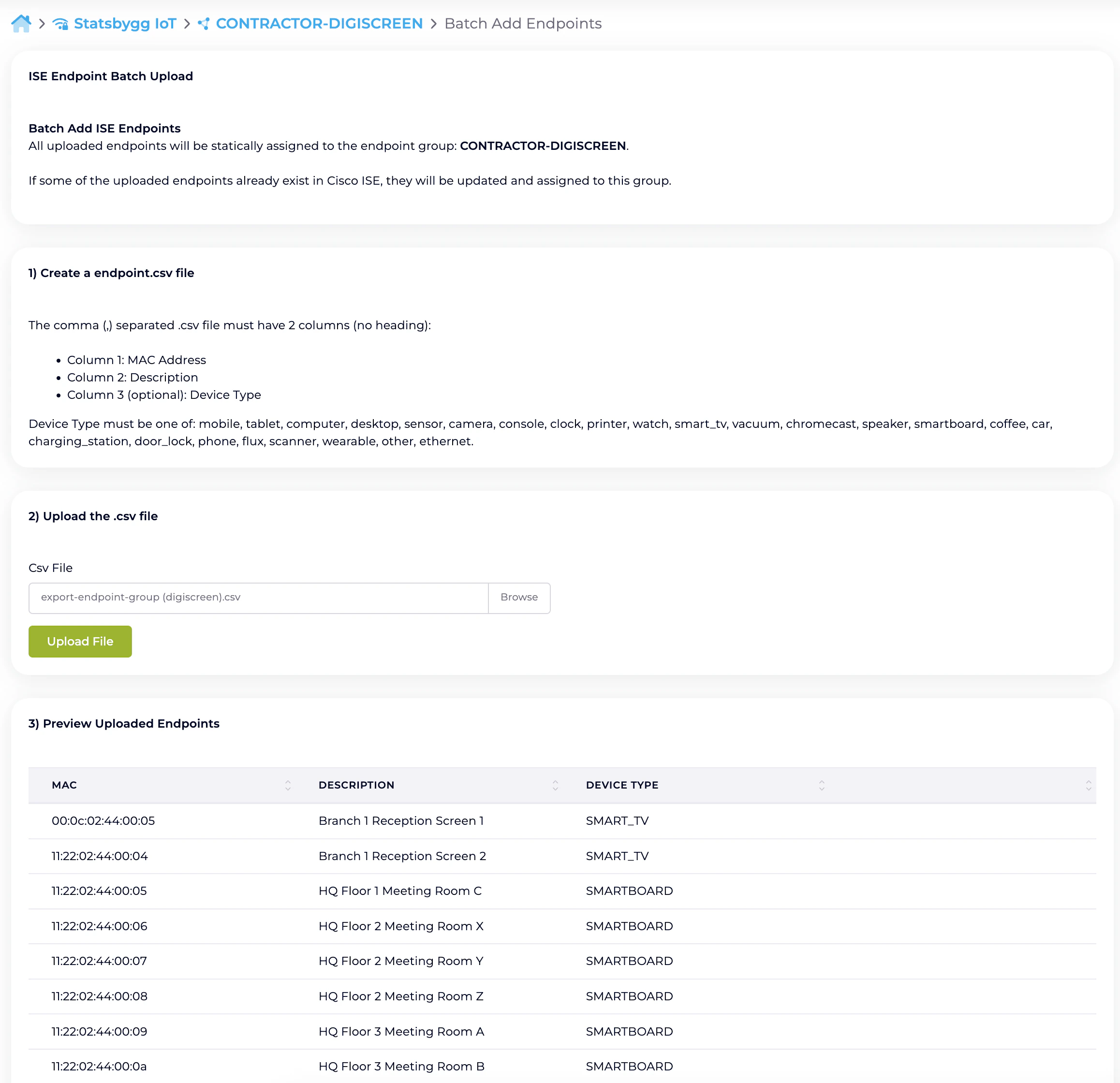 Self-Service portal batch upload screen showing the CSV format reference, the supported device type list, the file upload field, and a preview table of parsed endpoints