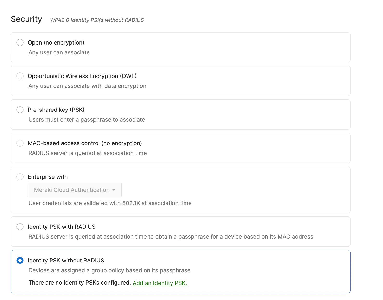 Meraki Dashboard Wireless Access control Security page with Identity PSK without RADIUS selected