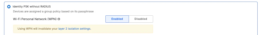 Meraki Dashboard Wi-Fi Personal Network toggle enabled for an SSID