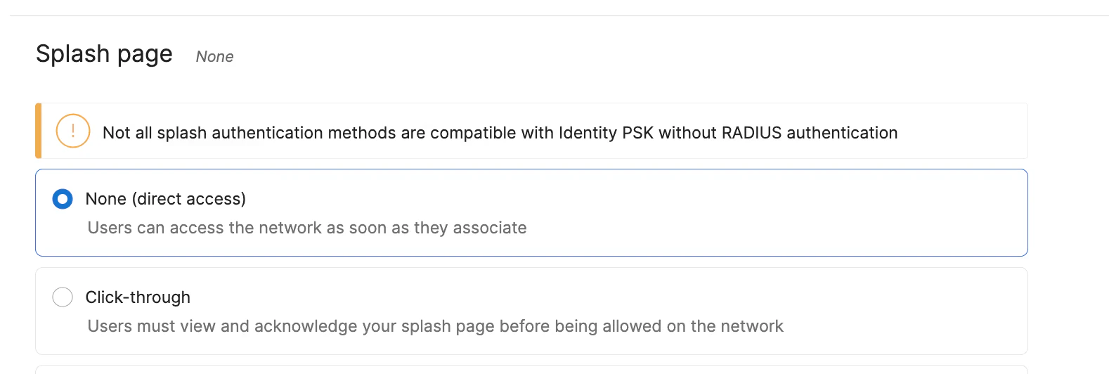 Meraki Dashboard Wireless Access control Splash page with None selected