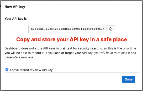Meraki Dashboard API key value displayed after generation