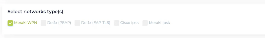 Wizard step with a network type selector and Meraki WPN highlighted