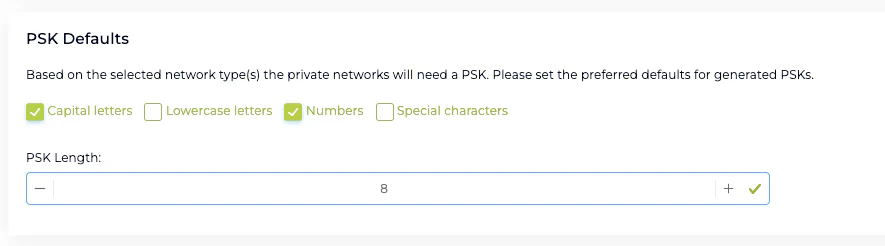 Wizard step with PSK length and character class controls