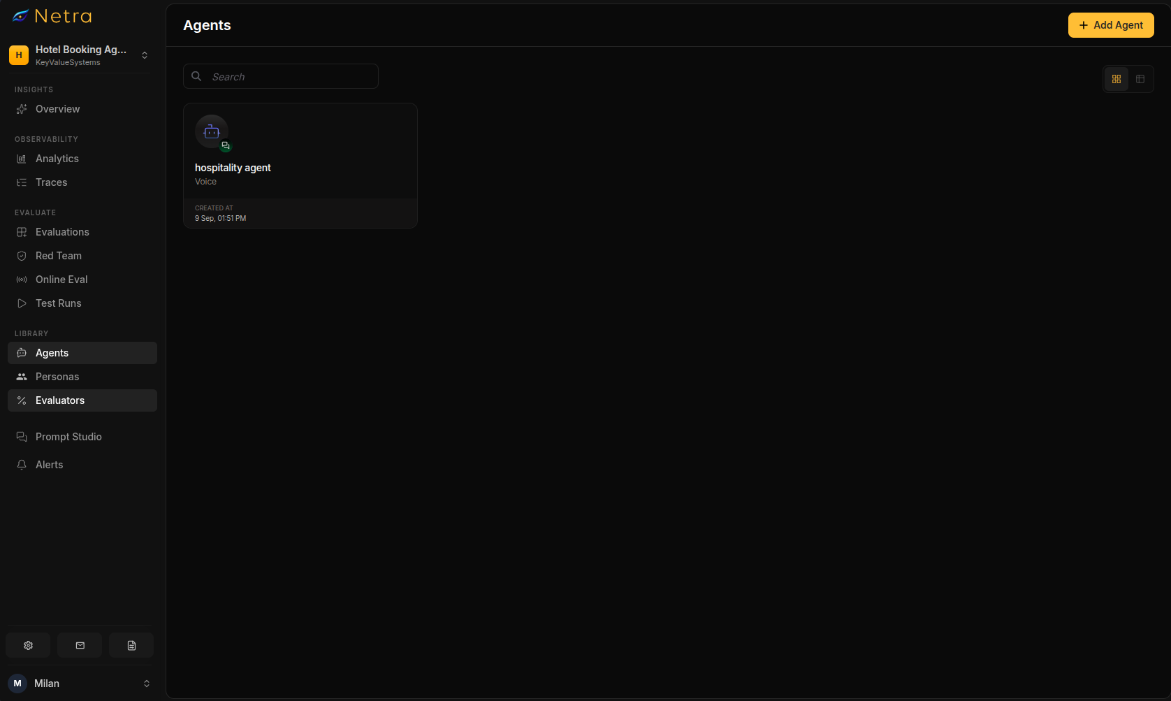 Netra Agents library showing a hotel front-desk agent connected