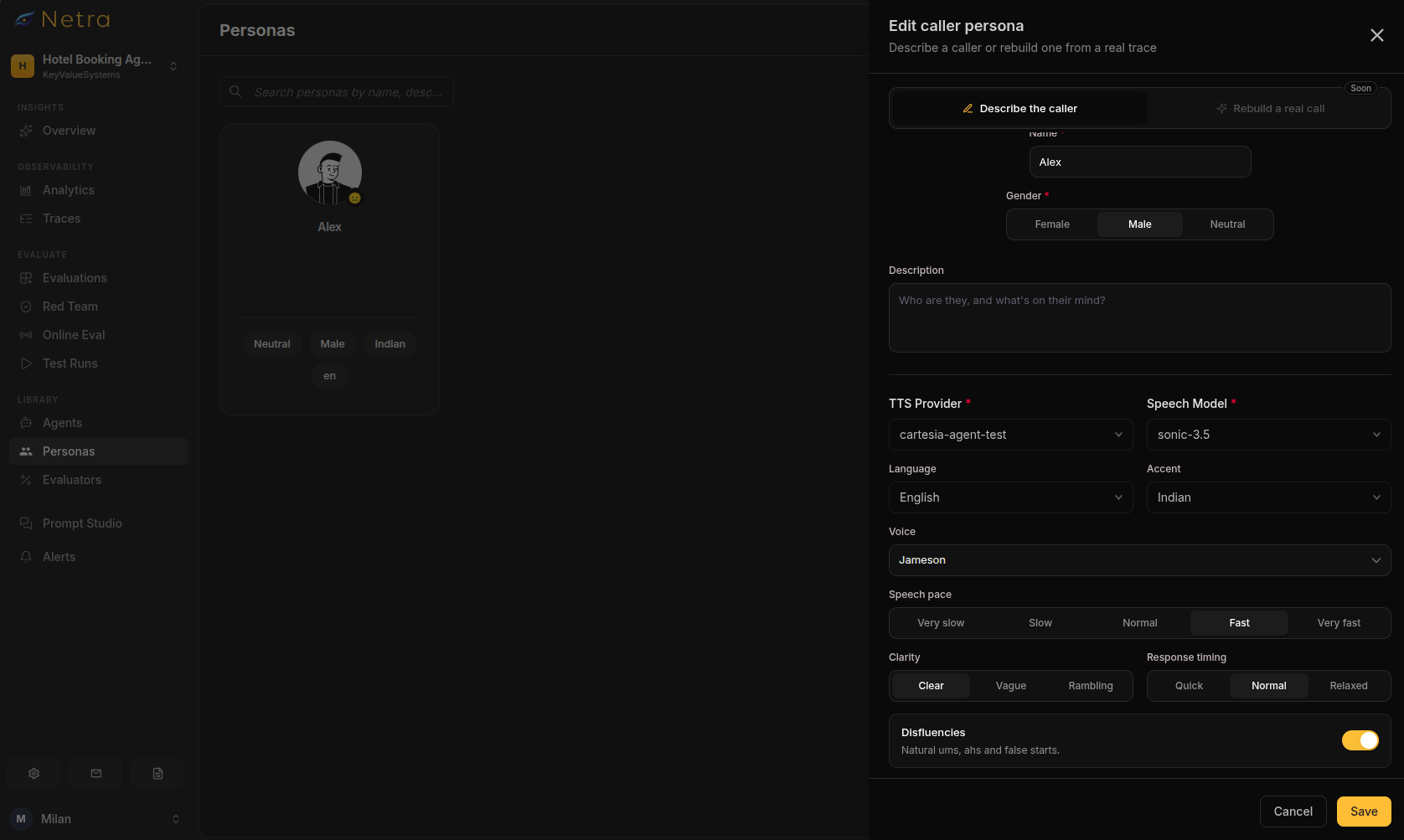 Persona editor showing pace, clarity, response timing and disfluency controls