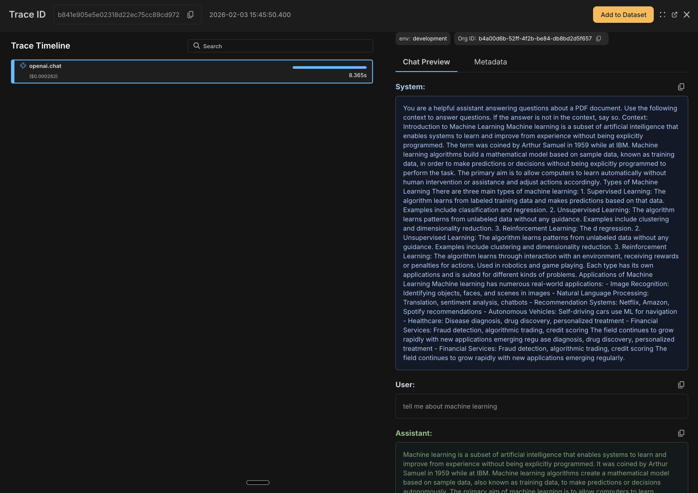 Generation trace showing OpenAI chat completion details