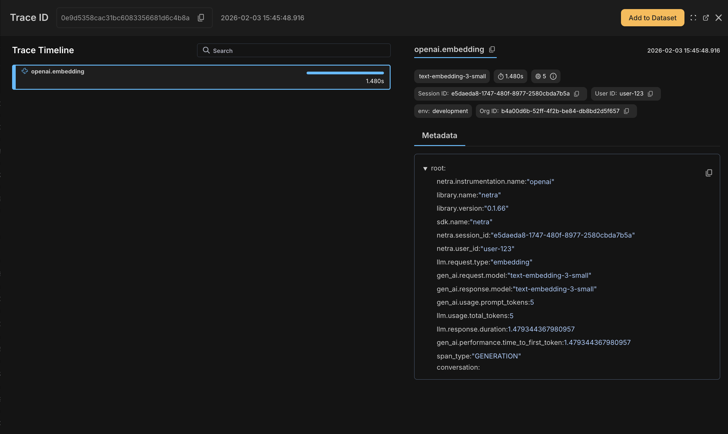 Ingestion trace showing OpenAI embeddings and ChromaDB operations