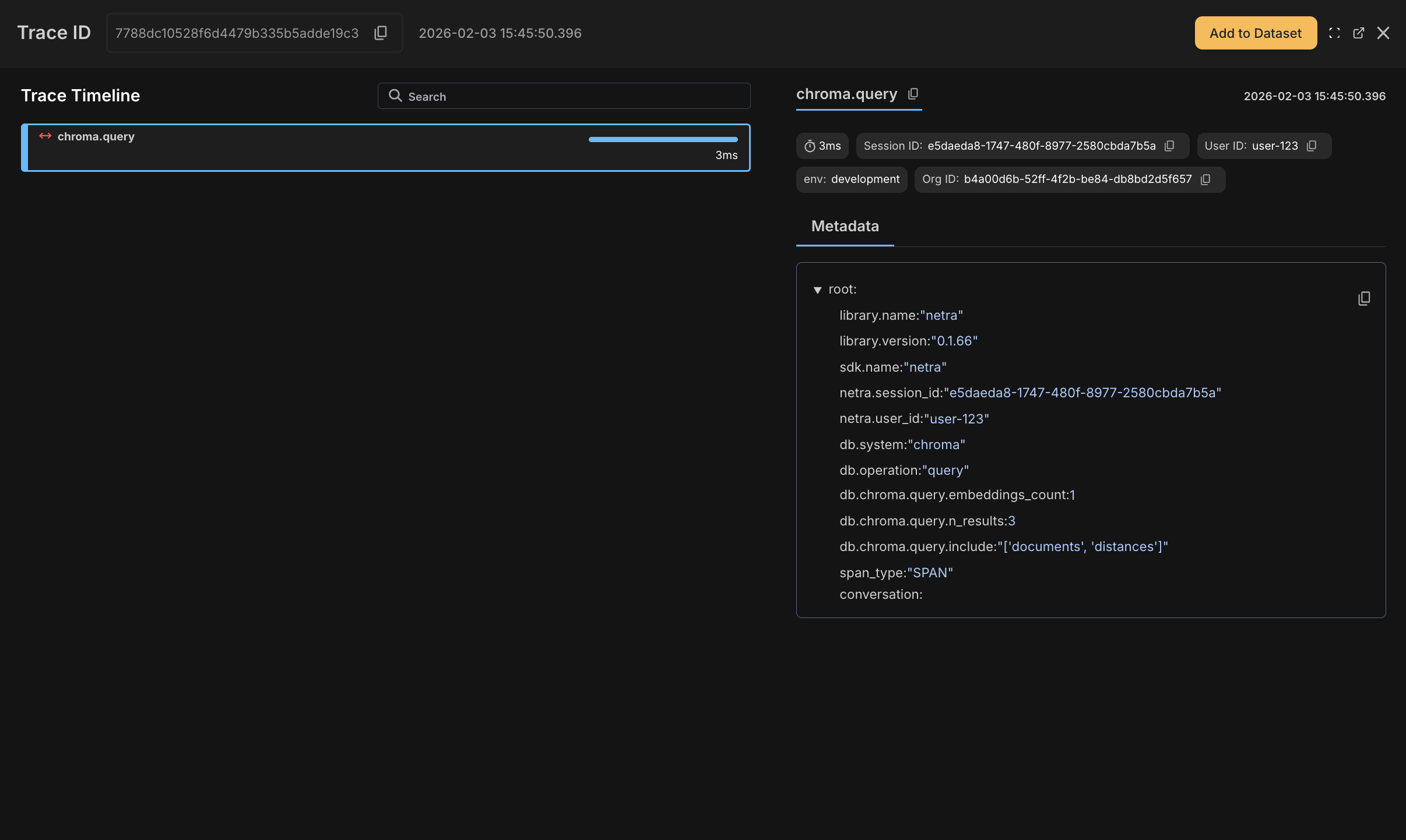 Retrieval trace showing embedding and search spans