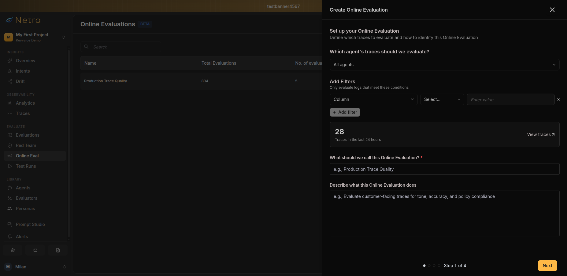 Online evaluation configuration wizard