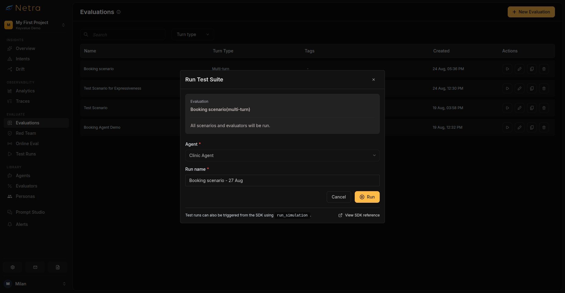 Run configuration modal