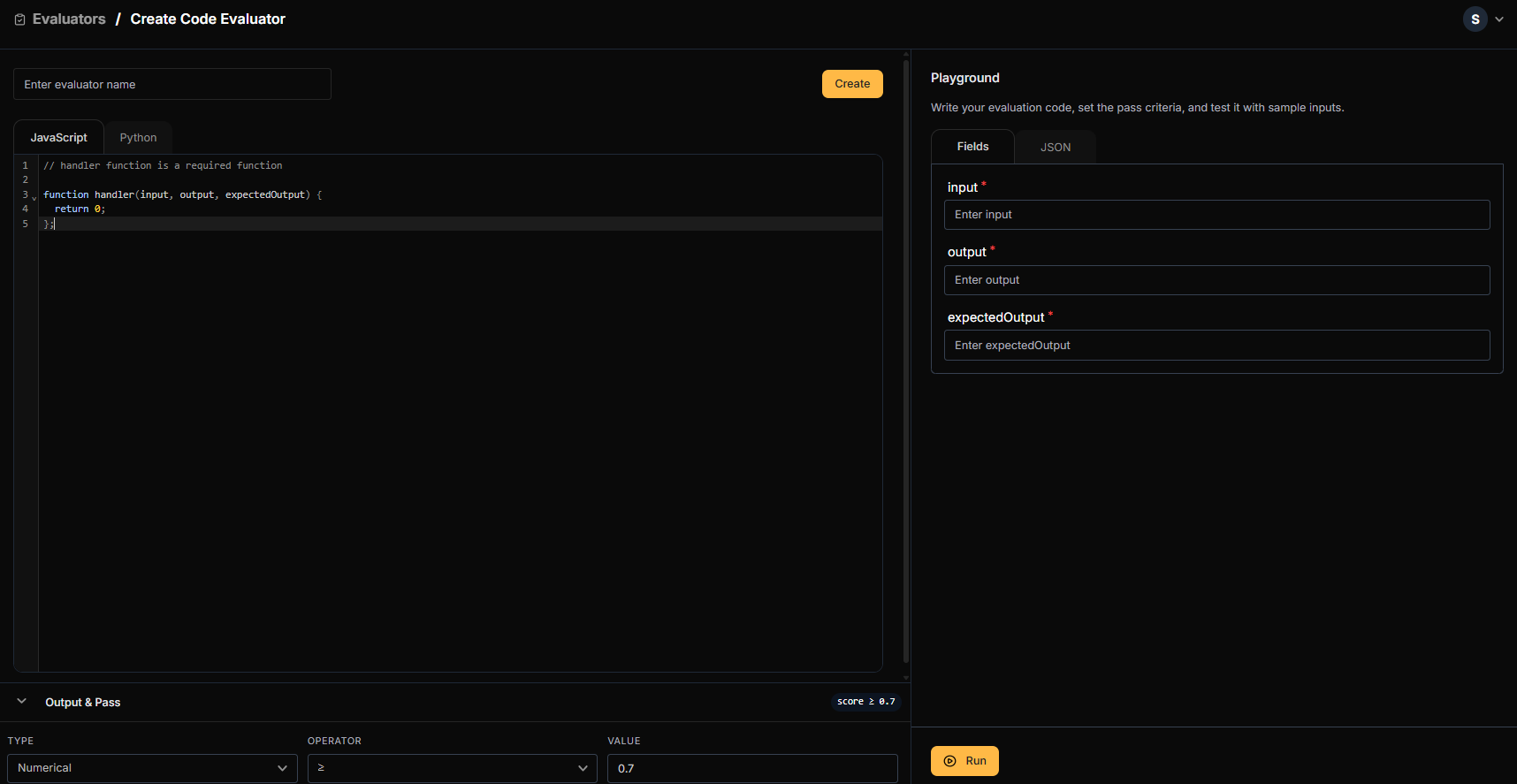 Code Evaluator configuration window