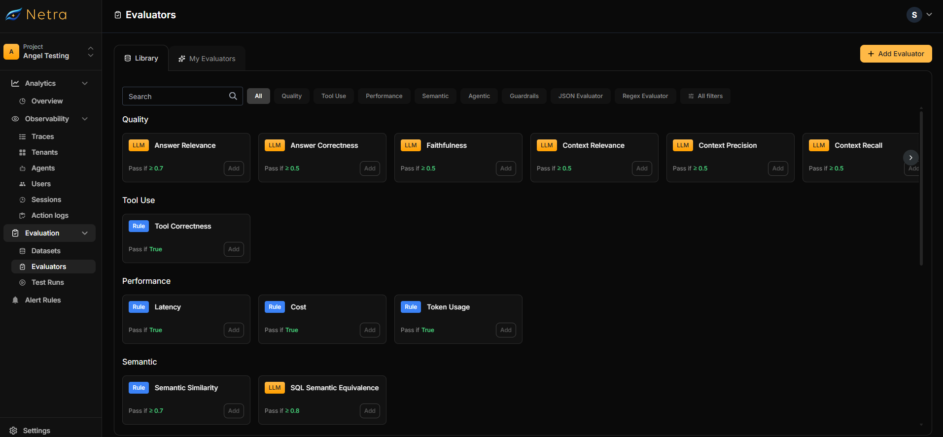 Evaluators page showing Library and My Evaluators tabs