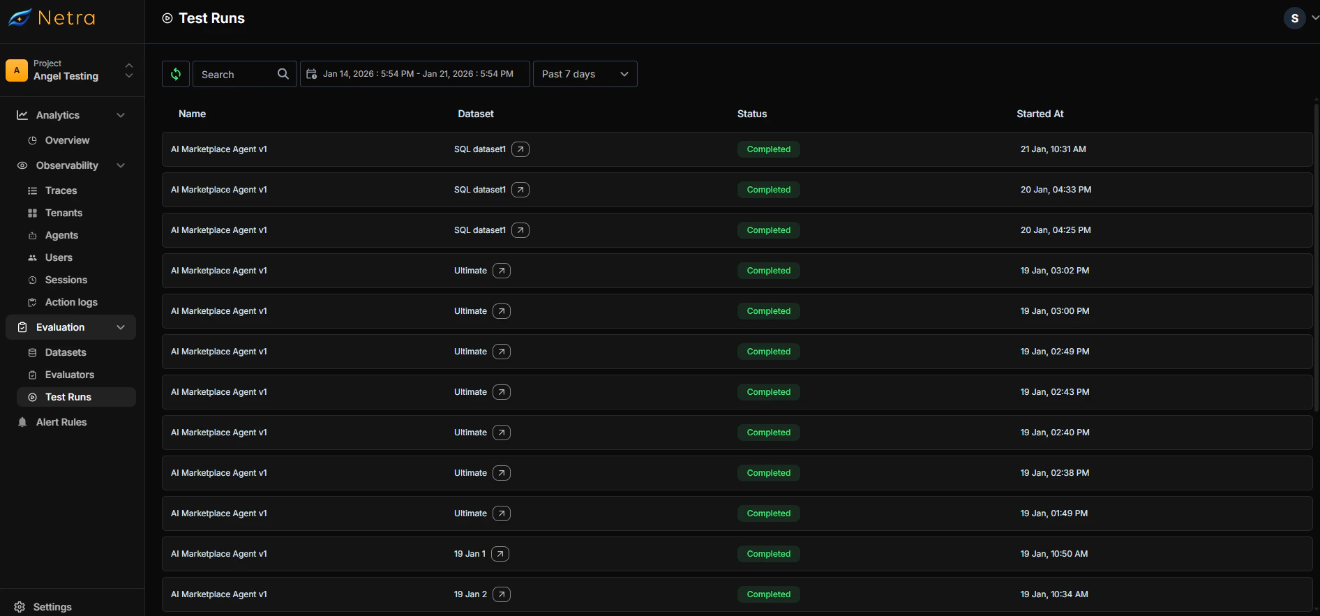 Test Runs dashboard showing list of evaluations