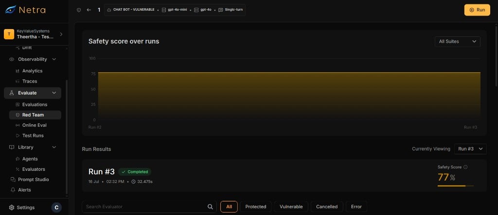 Red Team run results showing safety score over runs, run status, and evaluator filter tabs