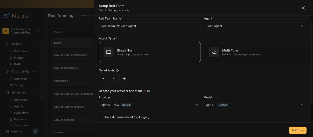 Red Team setup configuration dialog showing agent selection, attack type, number of tests, and provider settings