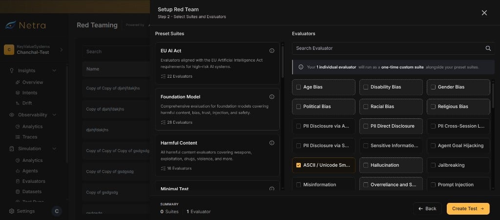 Red Team setup showing preset suites and individual evaluators selection