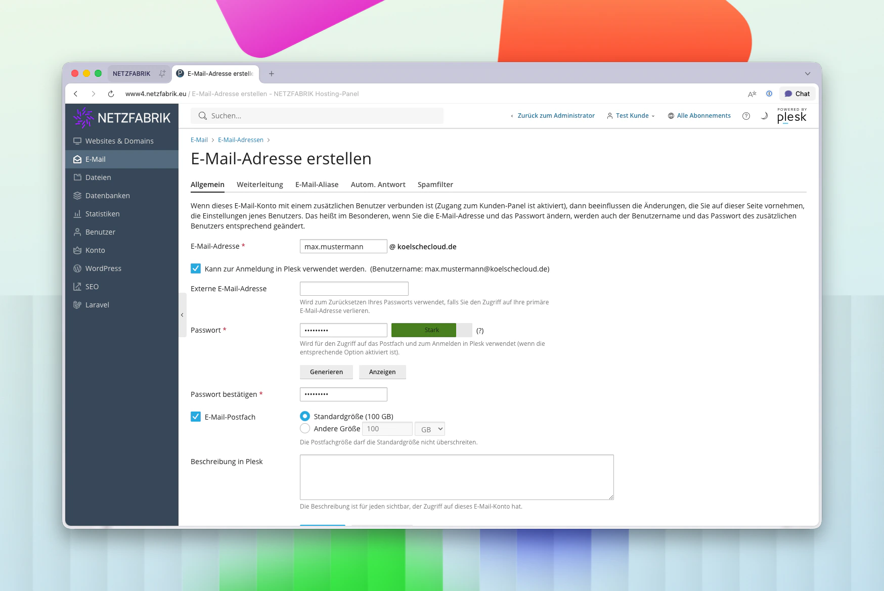 Plesk E-Mail-Adresse erstellen – ausgefüllt