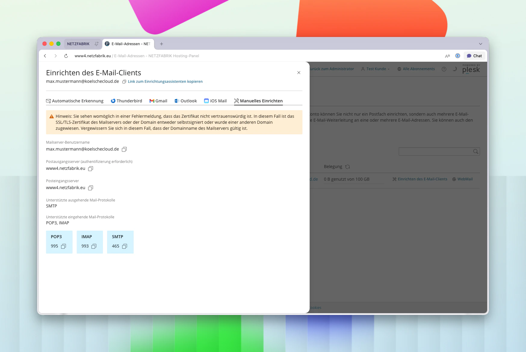 Plesk – Serverdaten für E-Mail-Client