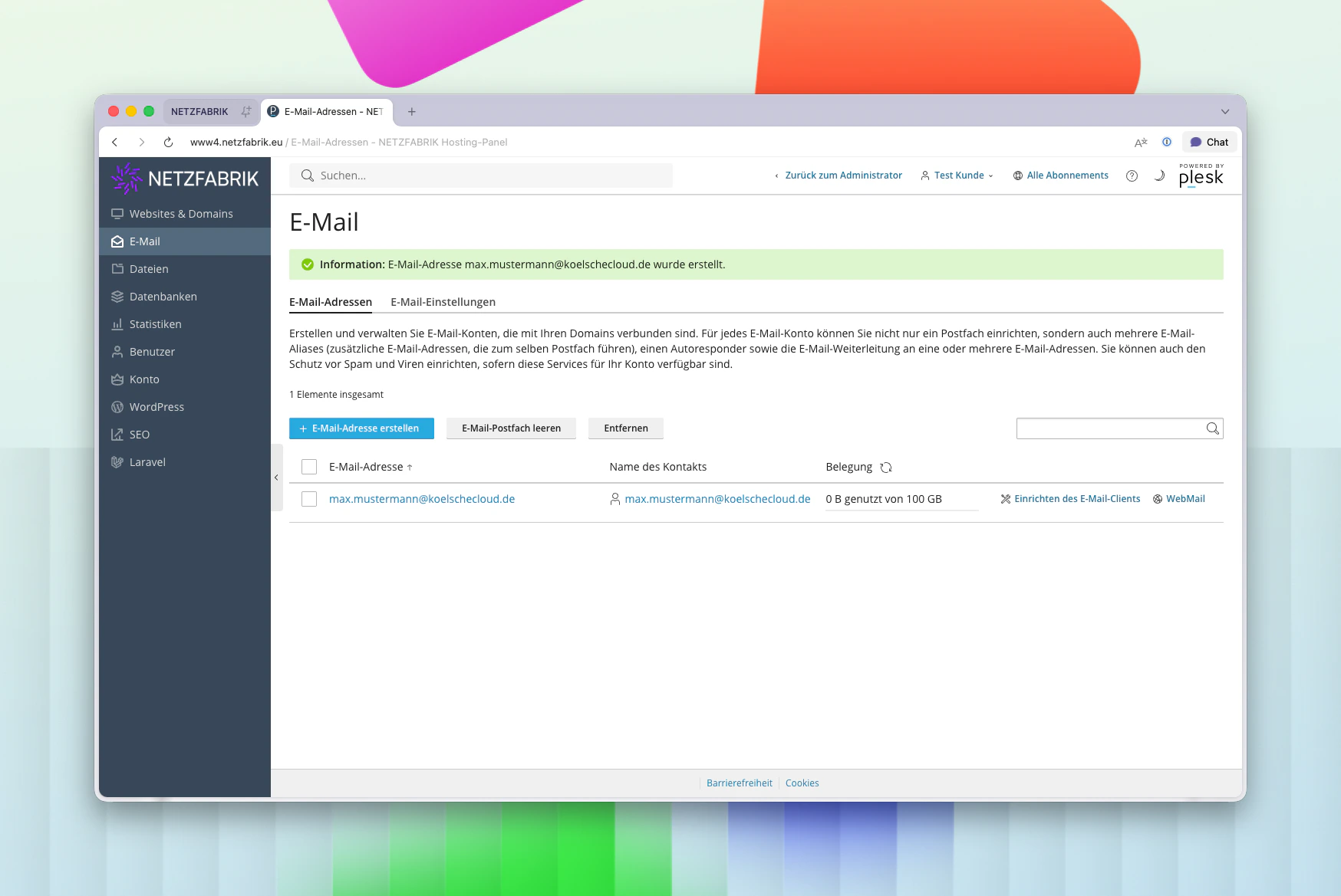 Plesk Mail-Übersicht – Postfach erfolgreich erstellt