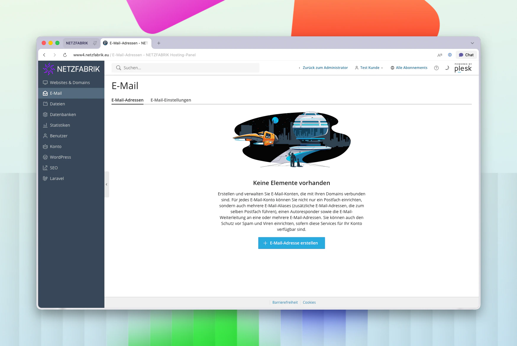 Plesk Mail-Übersicht – noch keine Postfächer