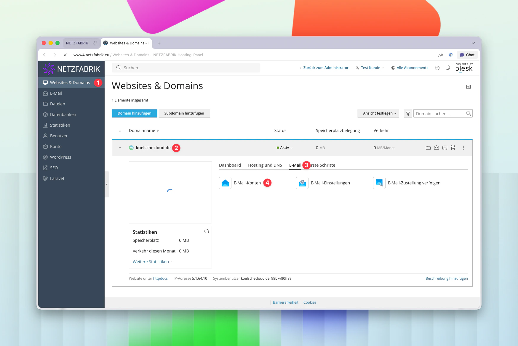 Plesk Domain-Details mit Mail-Schnellzugriff