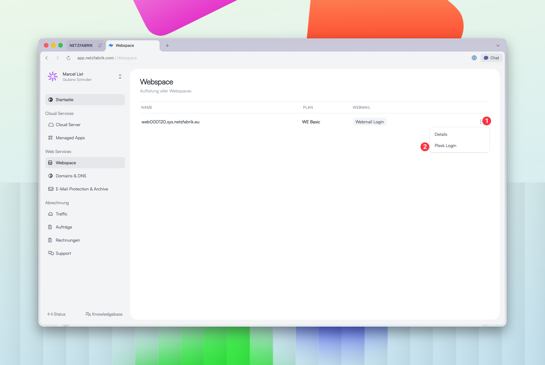 NETZFABRIK Kundenpanel – Webspace mit Plesk Login
