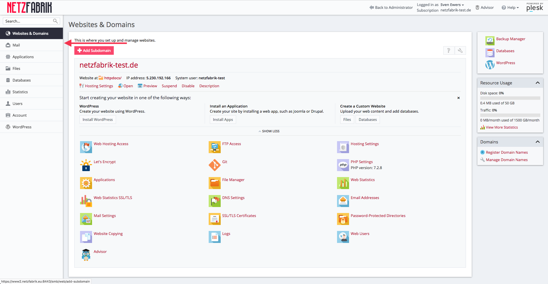 Mail-Einstellungen in Plesk
