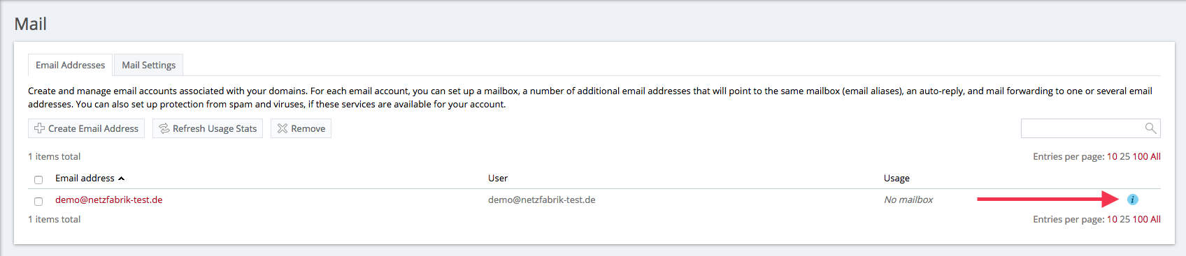 Mail-Übersicht in Plesk