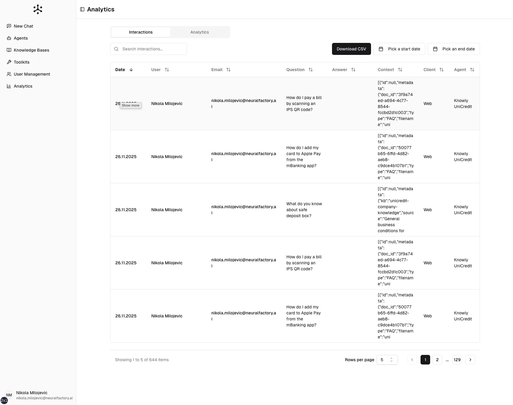 Analytics interactions log