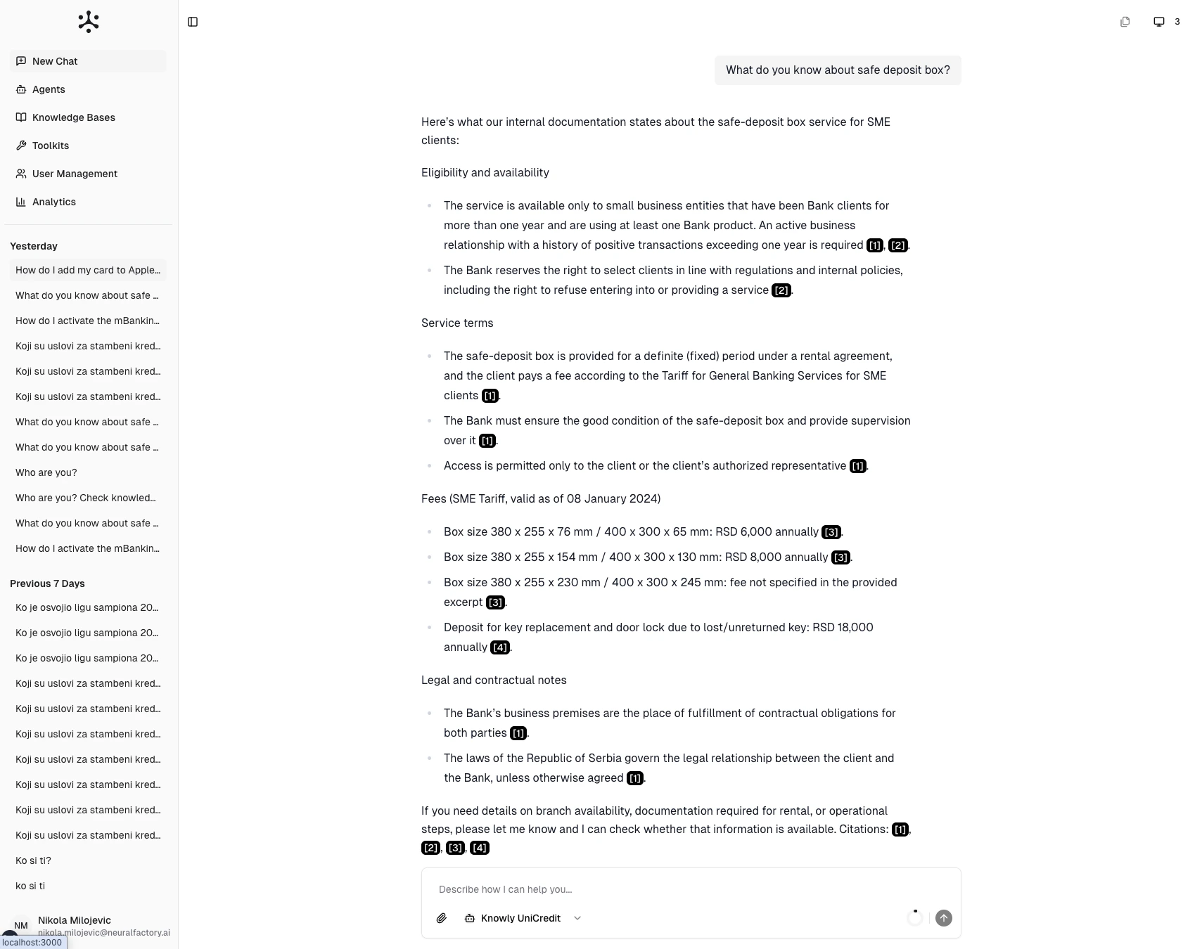 Neural Factory chat interface with a conversation