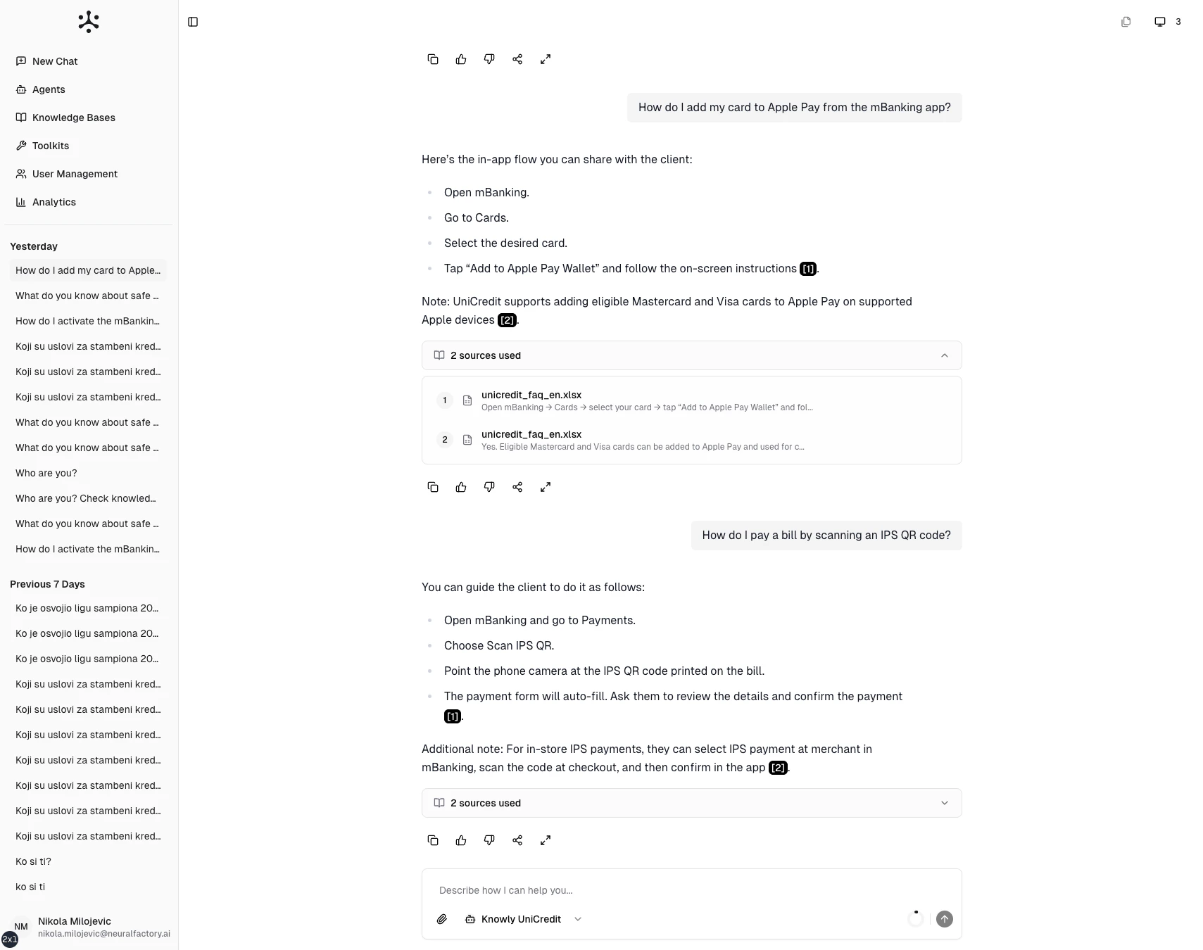 Chat response with feedback and action buttons