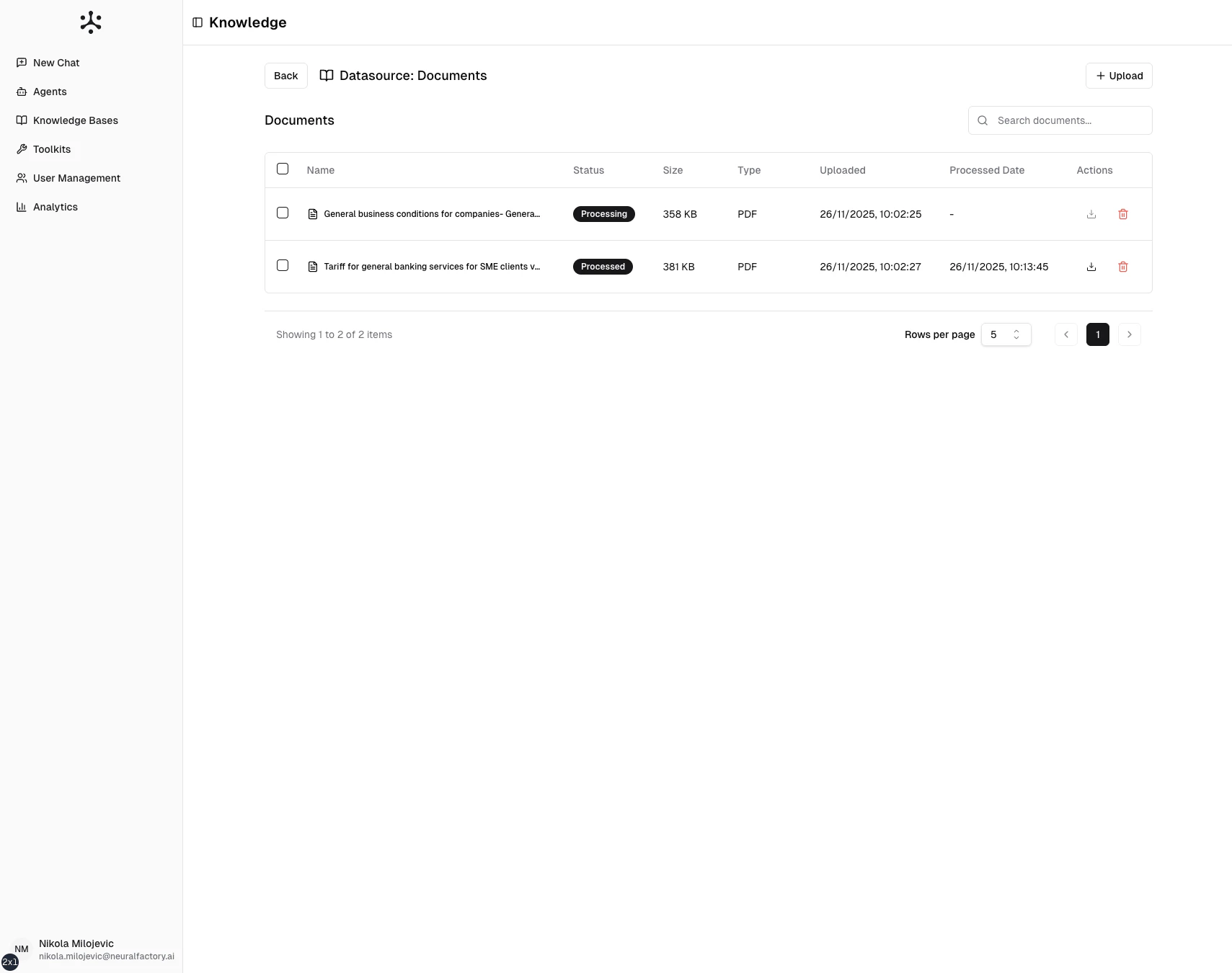 Document list within a knowledge base datasource