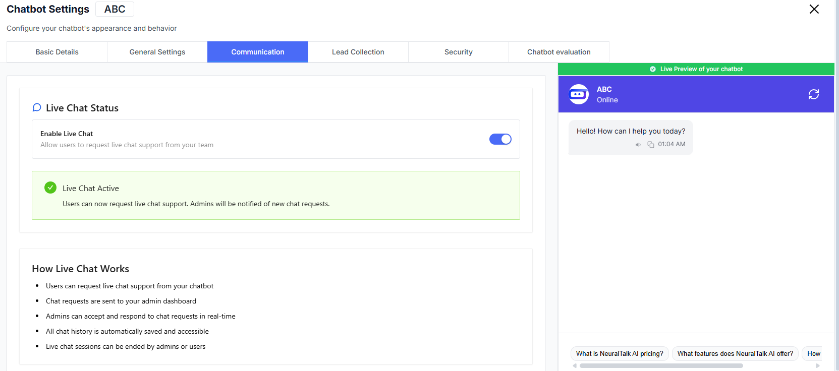Communication Settings Page