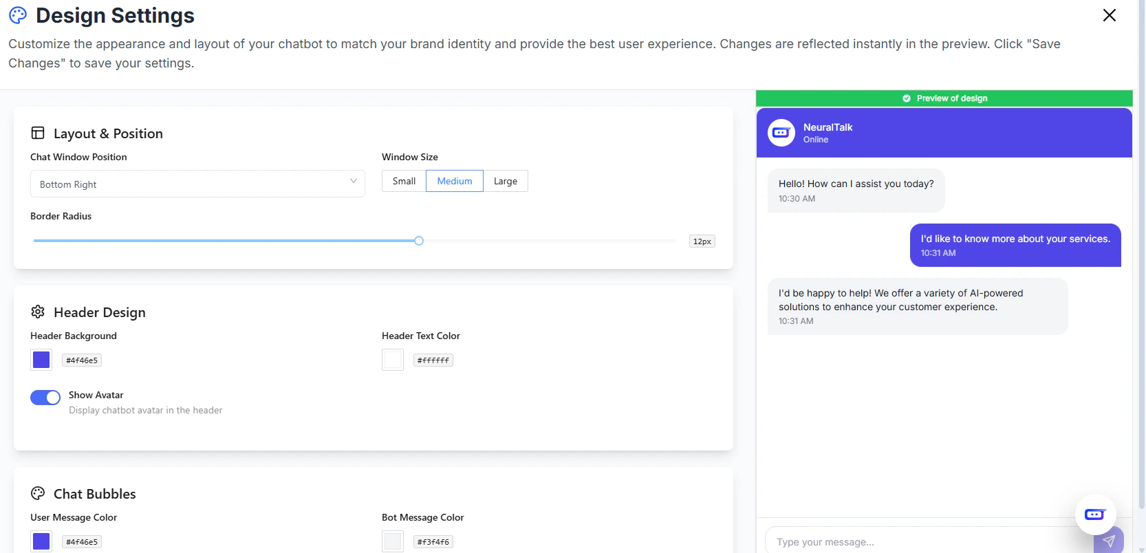 Design Settings Dashboard