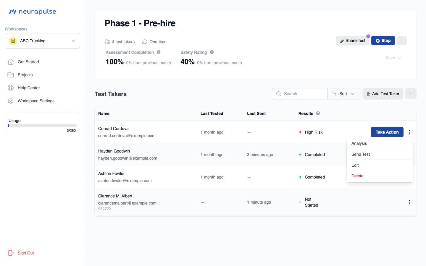 Test Taker Table with action button menu open