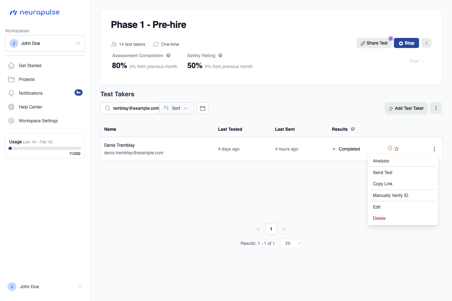 Test Taker Table with action button menu open