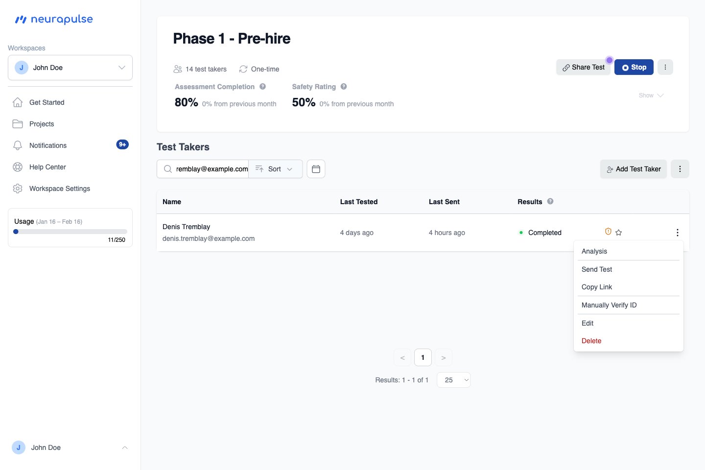 Test Taker Table with action button menu open