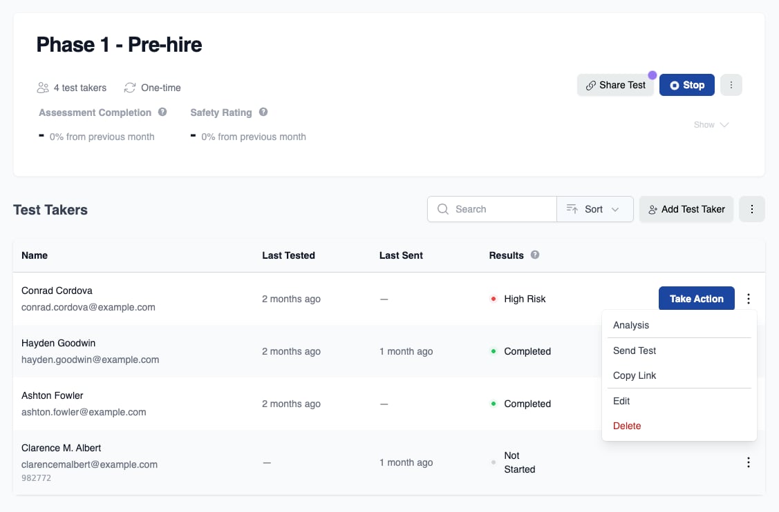 Test Taker Table with action button menu open