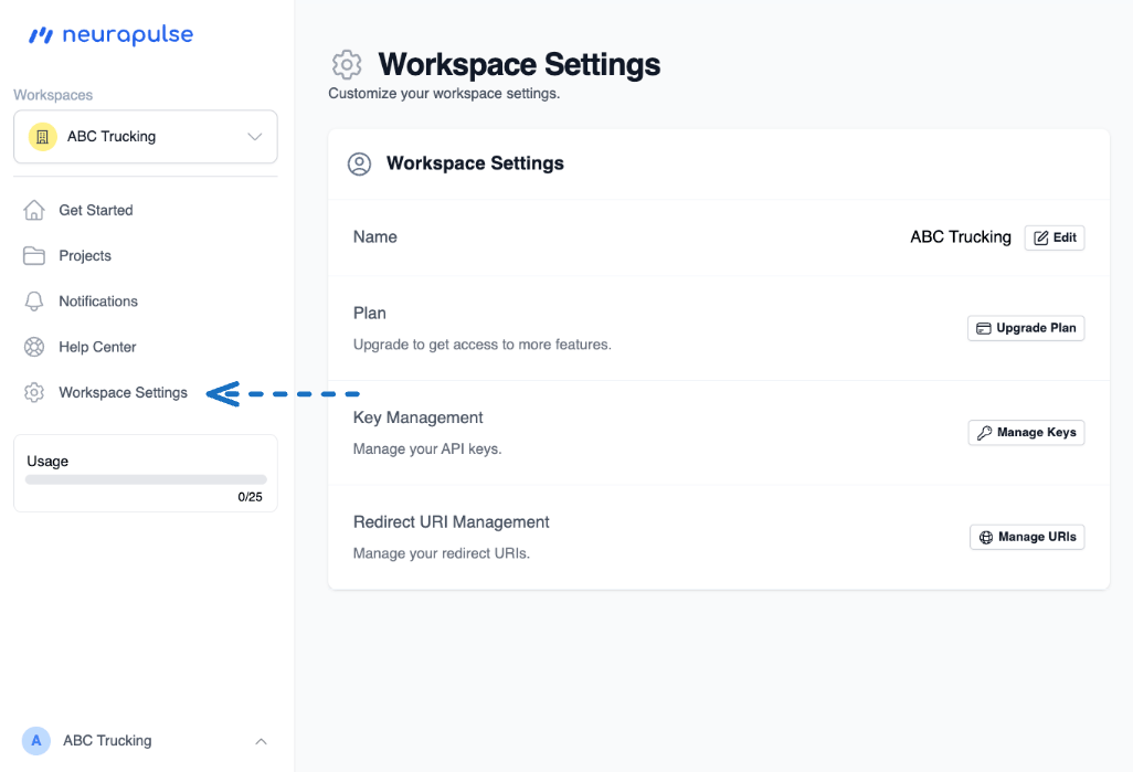 Workspace Settings page with Name, Plan, Key Management, and Redirect URI Management rows