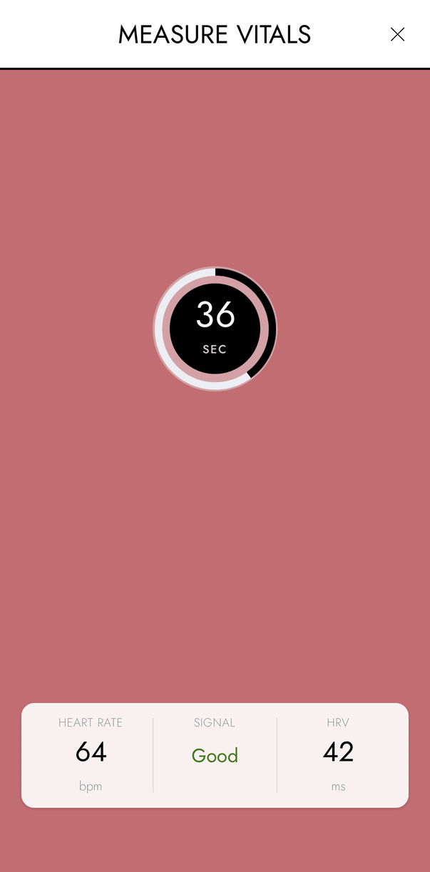 Reading: the ring shows 36 seconds left, and the live strip shows heart rate 64 bpm, signal Good and HRV 42 ms