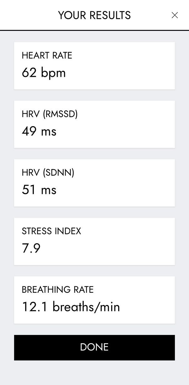 Results: heart rate, HRV (RMSSD), HRV (SDNN), stress index and breathing rate, with a Done button