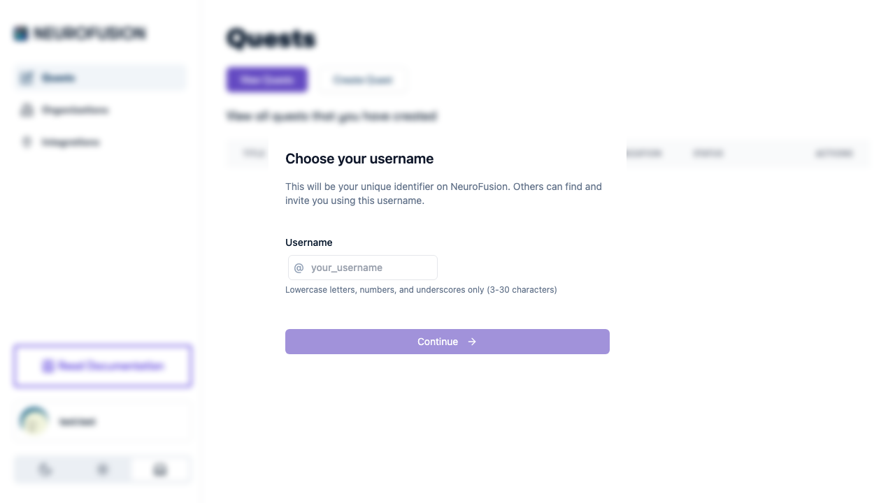 Choose your username dialog with input field and Continue button
