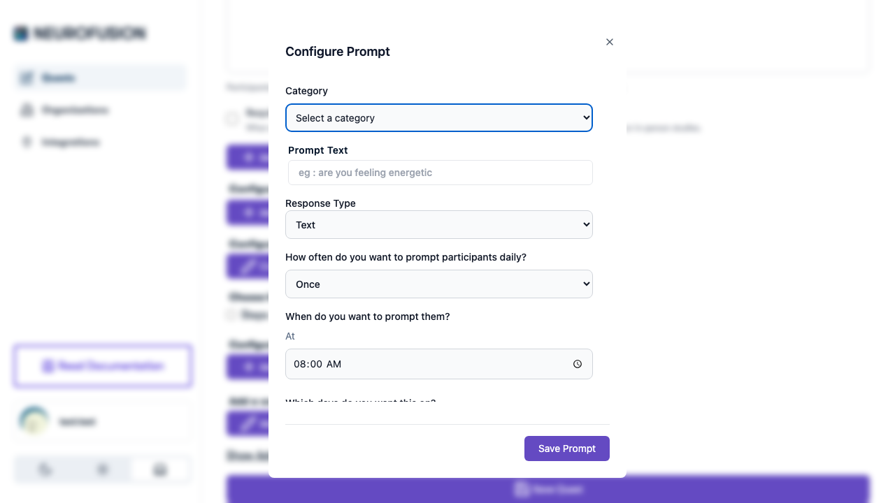 Configure Prompt dialog showing category selector, prompt text, response type, frequency, and time picker