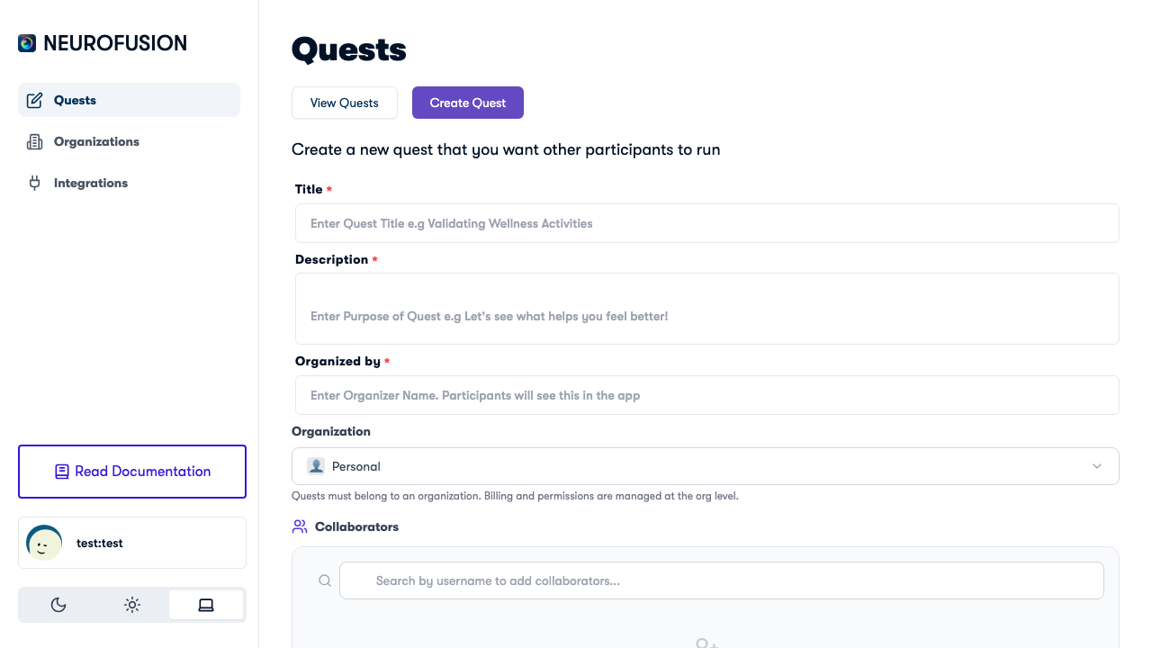 Create Quest form showing title, description, organized by, and organization fields