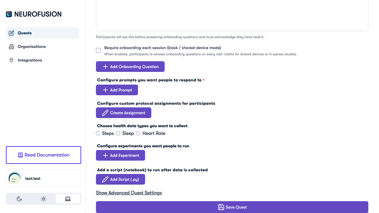 Create Quest form showing onboarding, prompts, experiments, health data, and script configuration sections