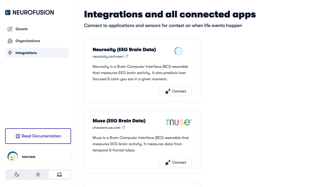 Integrations page listing Neurosity Crown and Muse EEG devices with Connect buttons