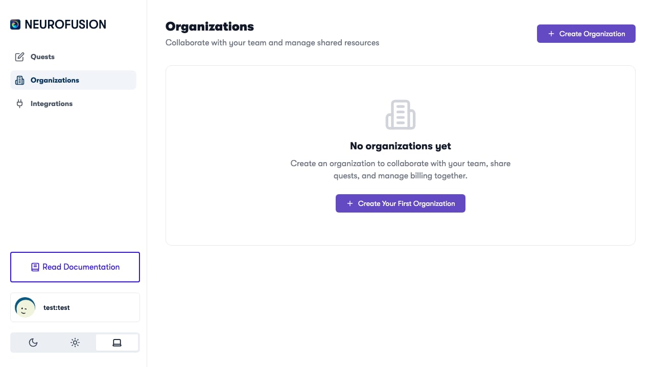 Organizations page showing empty state with Create Your First Organization button