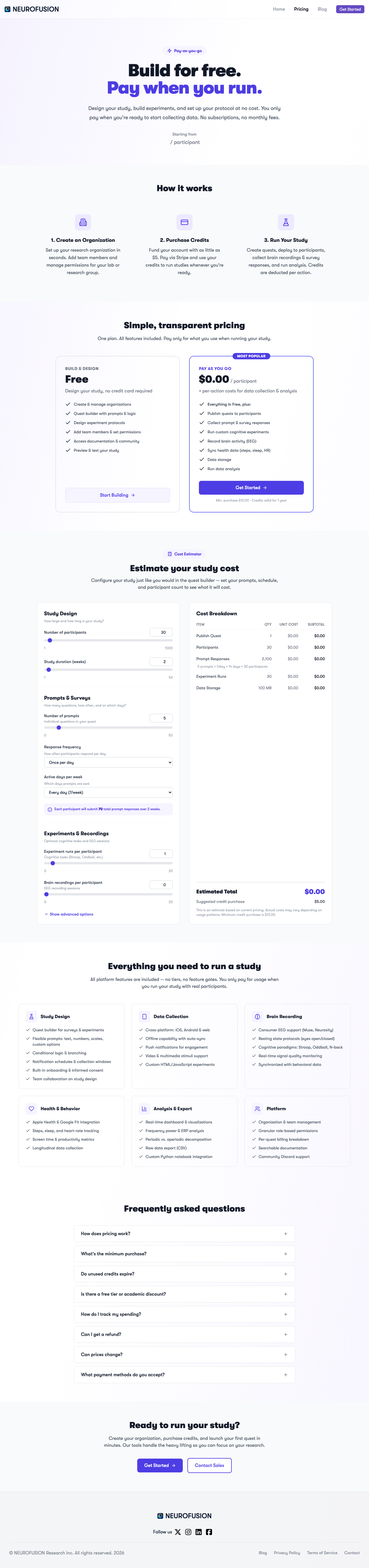 Pricing page with free Build and Design plan, pay-as-you-go plan, and study cost estimator